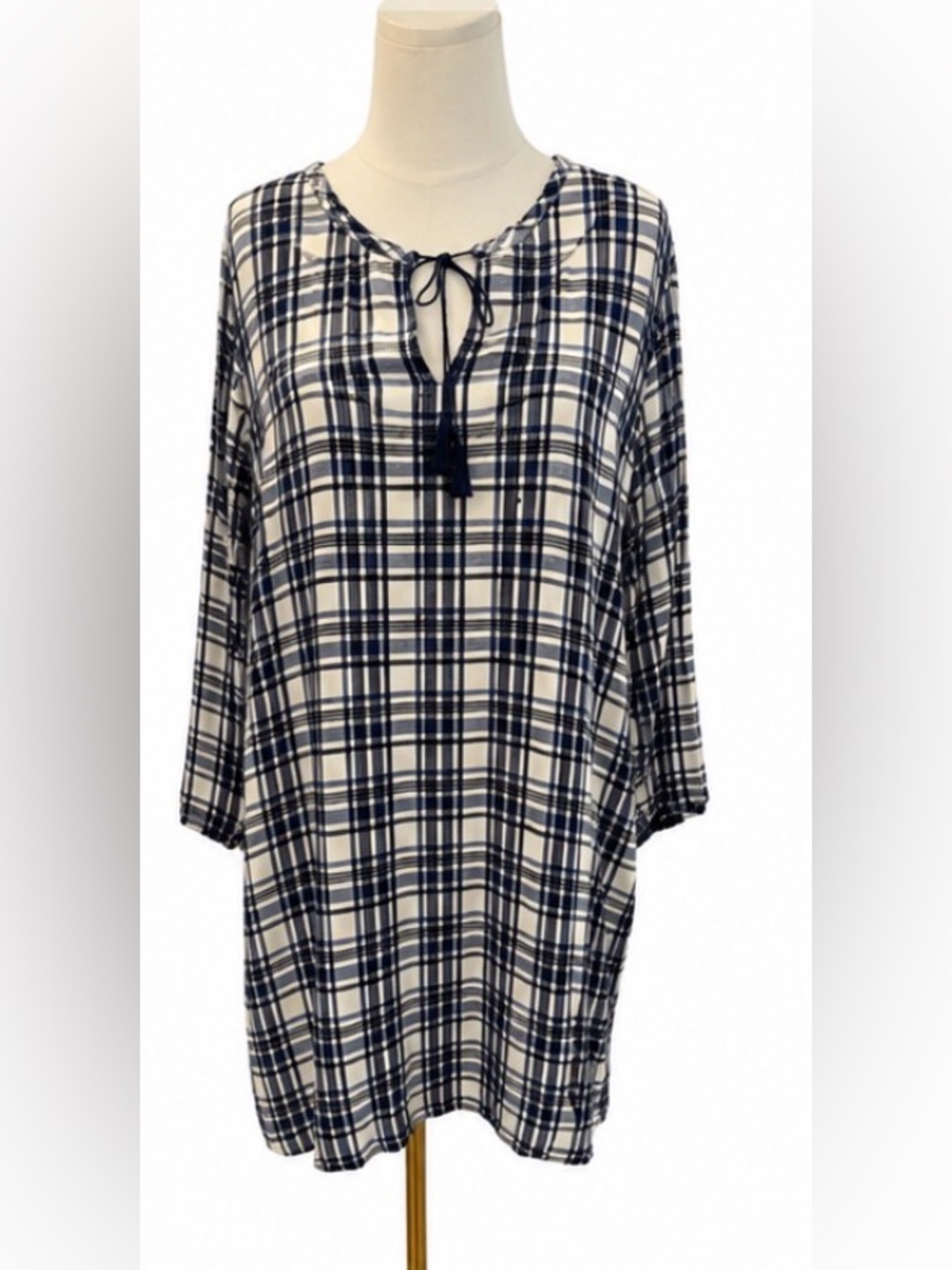 Madewell XL Navy Plaid Tassel Tie Shift Dress 100% Viscose Boho Long Sleeve